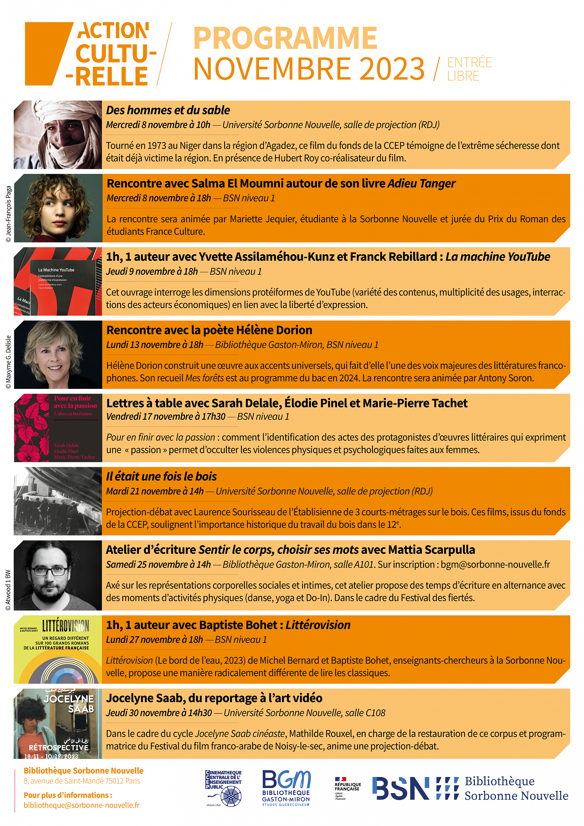 Affiche Programme Culturelle BSN Novembre 2023