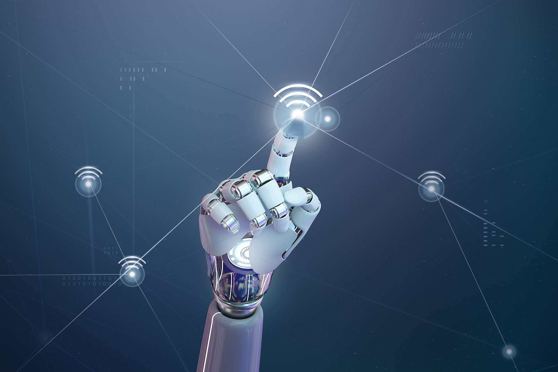 Futuristic 5g wireless network, AI robot hand tap on wifi icon