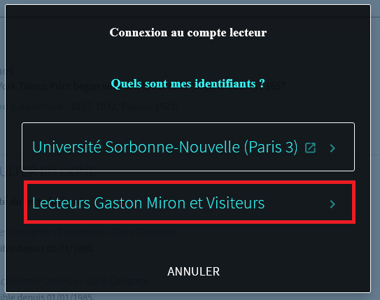 Fenêtre d'authentification option BGM et visiteurs