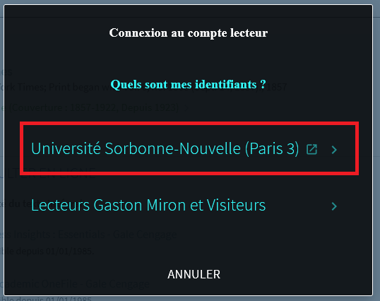 Fenêtre d'authentification option Sorbonne Nouvelle